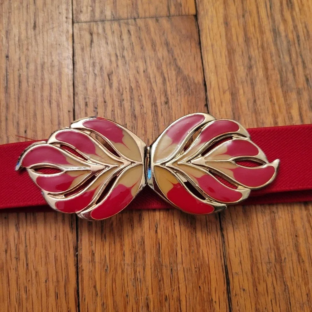 Square Dancing Cinch Belt Red‎ Flower Gold Enamel Elastic Vintage Retro Western